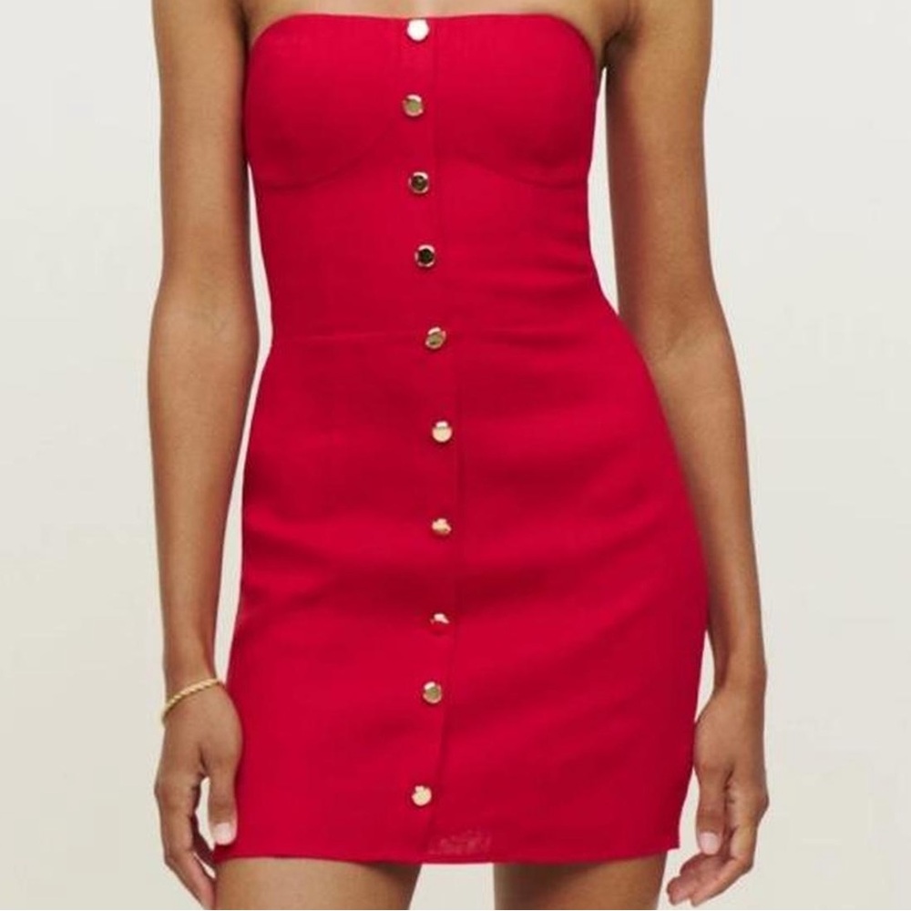 Reformation Shiela Red Strapless Linen Mini Dress